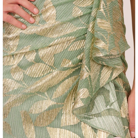 Adrianna Papell FOIL PRINTED ASYMMETRIC GOWN WITH RUFFLED DETAIL IN SAGE GOLD - Picture 2 of 5